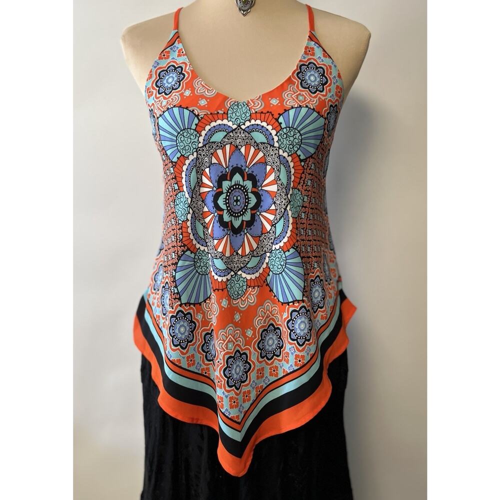 Y2K Boho Mandala Handkerchief Hem Tank Top Coral Turquoise‎ Festival Small
